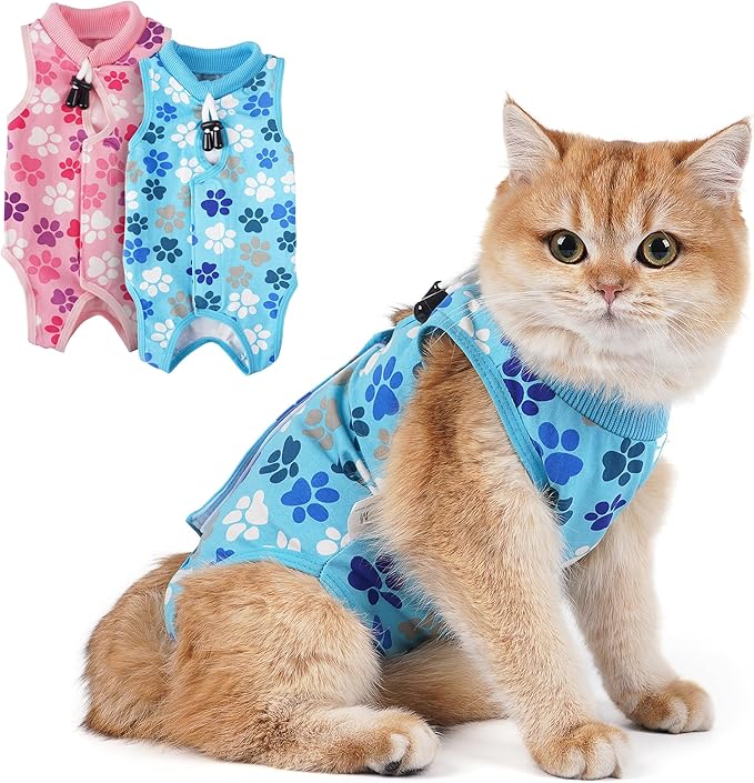 Cat Recovery Suit – Soft, Breathable Onesie for Female & Male Pets After Surgery, Spay, Neuter or Wounds, Surgery Outfit, Cone Alternative, Litter Access, Machine Washable, Blue Paw Print
