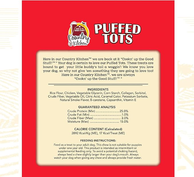 Country Kitchen Rawhide Free Chicken Puffed Tots, Breeds, Made with Real Chicken, No Wheat, Corn or Soy, 7oz