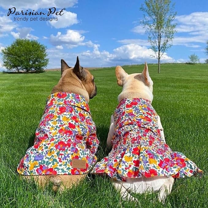 Parisian Pet Floral Dog Dress - 100% Cotton Summer Clothes for Large Dogs Girl - Ruched Waist Pet Dress - Stylish Printed Beach Dog Outfit - Lightweight Puppy Clothes - Sleeveless Dresses for Dogs