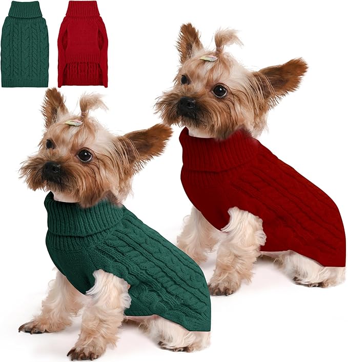 2 Pack Dog Sweaters for Small Dogs Winter Turtleneck Pullover Cable Knit Fleece Stretch Puppy Doggie Chihuahua Toy Poodle Yorkie Pomeranian Boy Girl Pet Clothes (S, Red & Green)