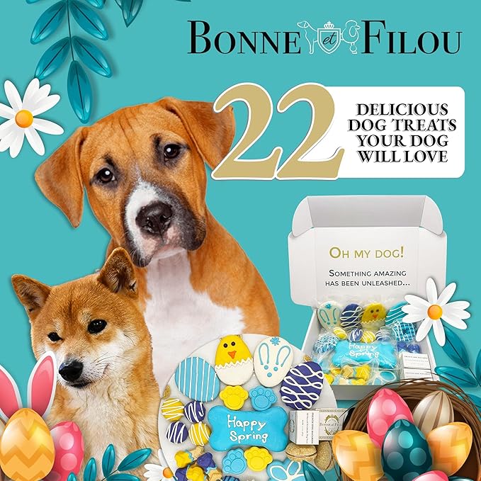 Bonne et Filou Easter Dog Treats Gift Basket Box Human Grade 22 Luxury Snacks with Dog Macarons, Truffles & Bone Cookies, Healthy and Delicious Mix for Medium to Large Dogs