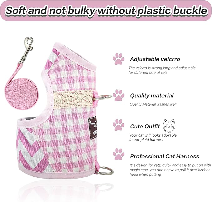 Cat Harness and Leash for Walking Escape Proof, Adjustable Cat Vest Harness, Padded Stylish Cat Walking Jackets, Pink Plaid, Extra Large