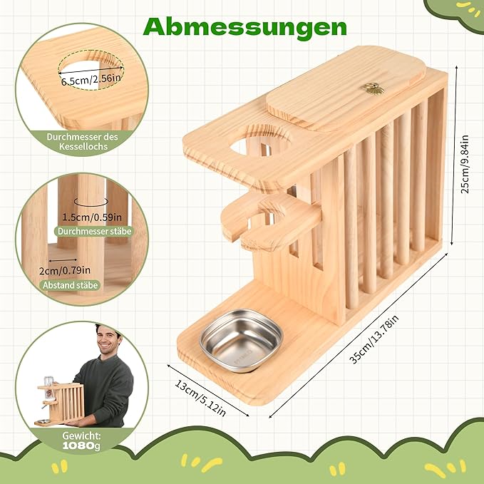 Small Animals Hay Rack with Height-Adjustable Water Bottle.Natural Wood. Wooden Bunny Hay Holder Feeder for Rabbit, Guinea Pig, Hamster, Hedgehog, Chinchillas