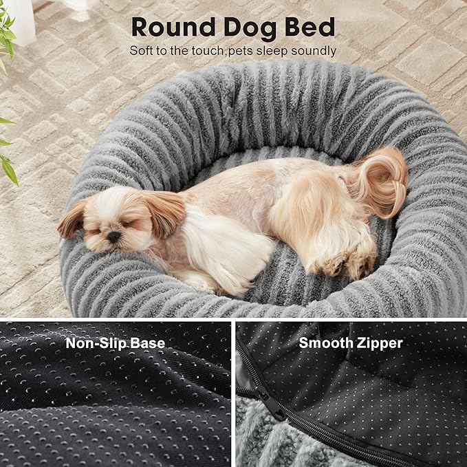 MIXJOY Dog Beds Large Sized Dogs, Washable Dogs Bed with Removable Cover, Cozy Donut Dog Ded Fluffy Plush Faux Fur Pet Bed with Anti-Slip Bottom, 36"x36"x10", Grey