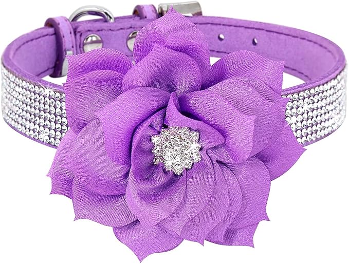 Cute Dazzling Sparkling Elegant Fancy Soft Suede Leather Bling Rhinestone Crystal Jeweled Pet Cat Dog Puppy Collar Dog Leash Combo Set (M(Neck 12.5-15"), Purple-6)