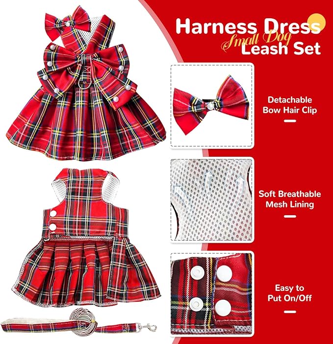 PETCARE Cute Dog Dress Clothes for Small Dogs Cats Girl Female Red Plaid Bow Tie Dog Harness Dresses Leash Set with Pearls Bow Accessories Birthday Puppy Dress Shih Tzu Yorkies Chihuahua Outfits