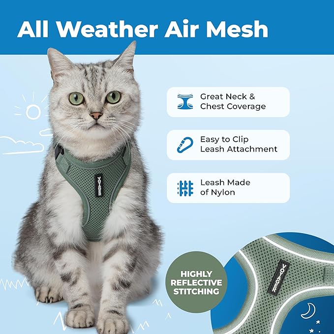 Voyager Escape-Proof Step-in Lock Cat Harness & 5ft Neoprene-Handle Leash Set All-Weather Mesh with Reflective Stitching for Small to Large Cats by Best Pet Supplies, Moss Green (327), XXS