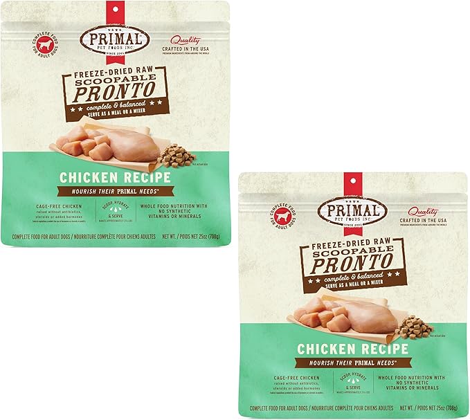 Primal Freeze Dried Dog Food, Pronto Mini Nuggets, Chicken; Scoop & Serve,Complete & Balanced Meal;Also Use As Topper or Treat; Premium, Healthy, Grain Free, High Protein Raw Dog Food 25 oz(Pack of 2)