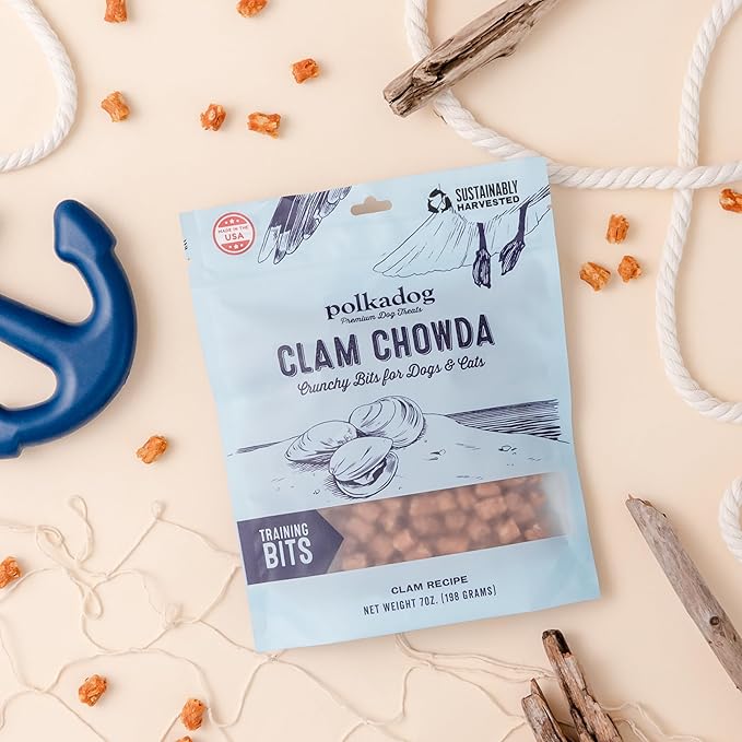 Polkadog Clam Chowda Crunchy Training Bits - All Natural, Limited Ingredient, Premium Training Treats for Dogs, High in Omega-3. Great for Allergies, Handcrafted in USA - 7oz (1pk)