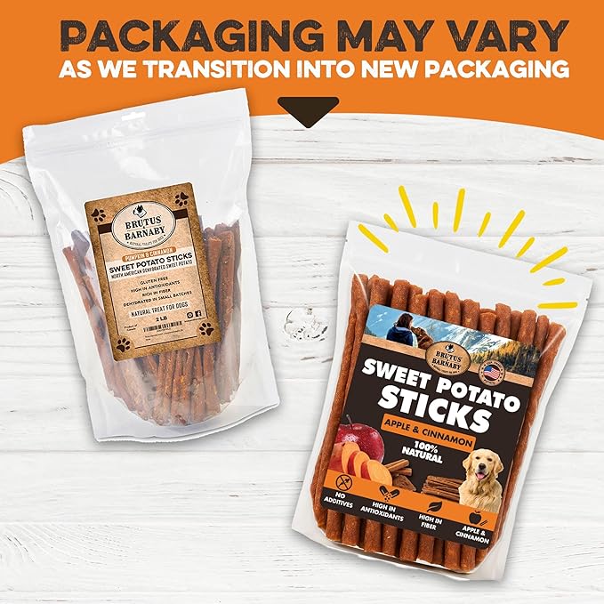 BRUTUS & BARNABY USA Sweet Potato Dog Treats - Crunchy Grain Free Cinnamon Apple Sticks, Promotes Positive Gut Health with Natural Anti-Diarrhea Properties (Cinnamon & Apple, 8 oz)