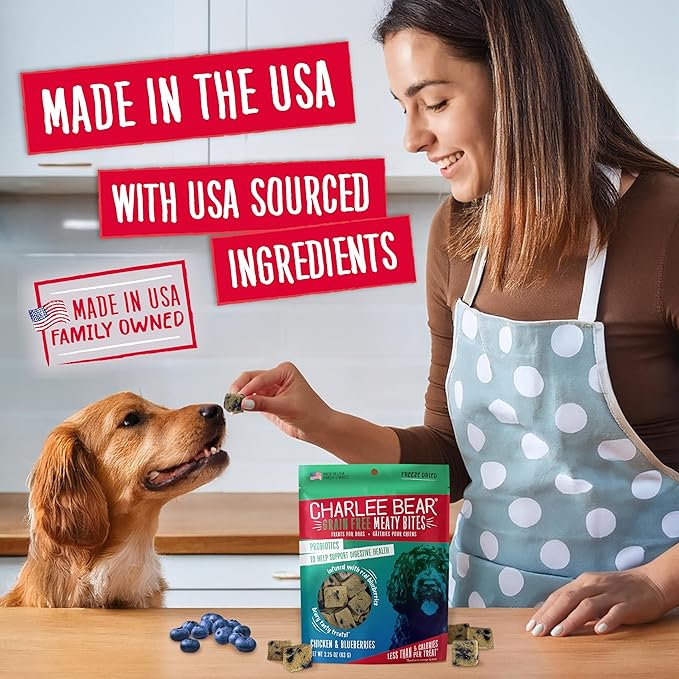 Charlee Bear Grain Free Meaty Bites Freeze Dried Dog Treats, Chicken and Blueberries, 2.25 Ounce Resealable Bag, Training Treats or Meal Topper Dogs, High Protein Dog Snacks, Made in USA
