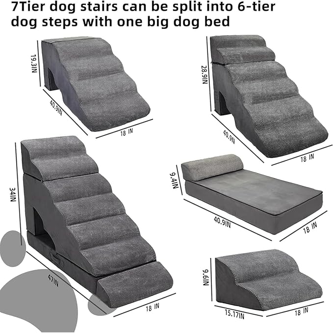 7-Step Dog Stairs for High Beds 30-36 inches, Dog Steps for High Bed Couch, Tall pet Stairs for high beds for Small, Older Pets, Non-Slip Balanced Pet Ramp Indoor, Grey