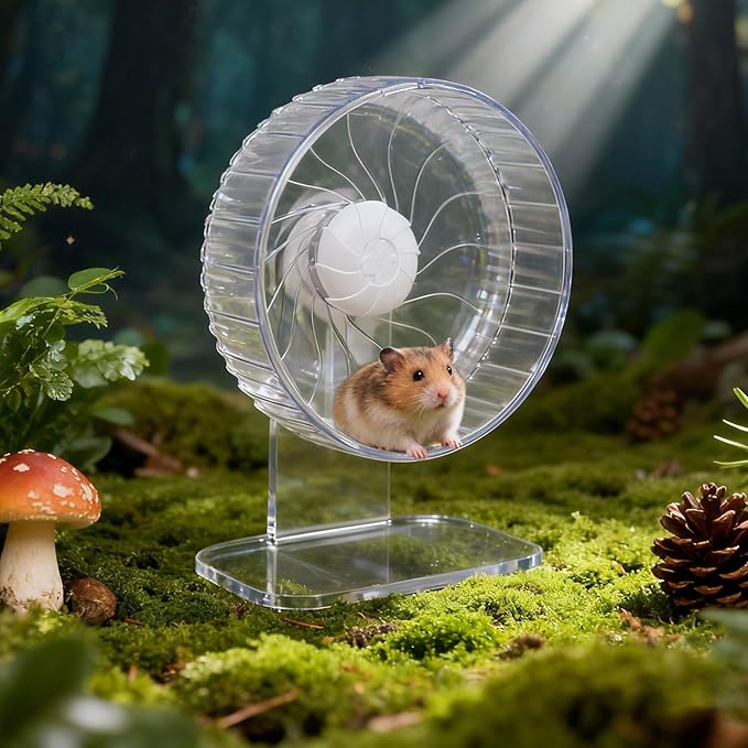 Silent Hamster Wheel, 8in Hamster Wheel with Adjustable Stand, Double-Bearing Quiet Spinner for Syrian Hamsters, Hedgehogs, Mice & Small Pets, Clear