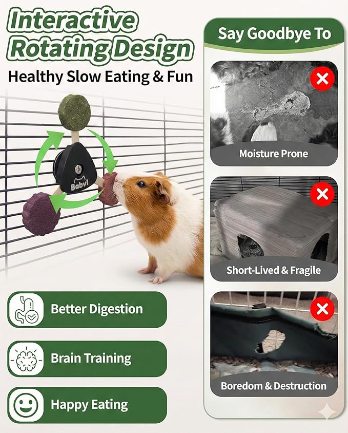 Aluminum Rotating Chew Toy with 4-Flavor Timothy Hay Cakes | Pet Dental Health Toy | Cage Hanging Toy for Rabbits, Guinea Pigs, Hamsters, Chinchillas (Black)