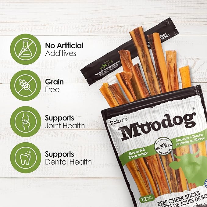Palz&Co Moodog Beef Cheek Strips for Dogs - 12 Pack of 100% Natural Single Ingredient Treats - Grain Free, High Protein, Chewy & Crunchy Texture