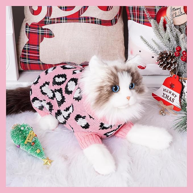 Leopard Knit Sweaters for Small Dogs, Pink Turtleneck Pullover for Pet, Puppies Cats Winter Sweater for Valentines Day Holiday