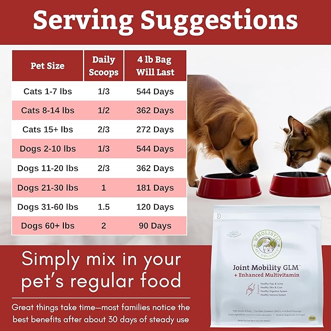 Wholistic Pet Organics - Hip and Joint Supplement for Dogs & Cats - Cat and Dog Joint Supplement - Green Lipped Mussels, Glucosamine, Chondroitin for Dogs & Cat Mobility Support - 4 Lb - 181 Scoops