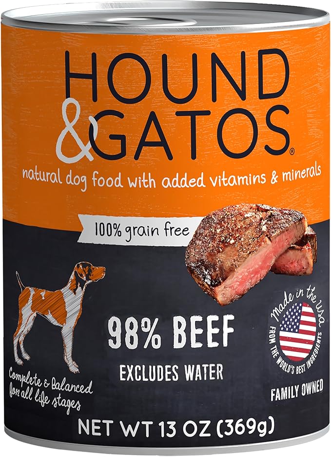 Hound & Gatos Wet Dog Food, 98% Real Meat, Single Protein Beef Recipe, High Protein, Supports Digestive Health, Limited Ingredients, Grain Free 13 oz. Cans (Pack of 12)