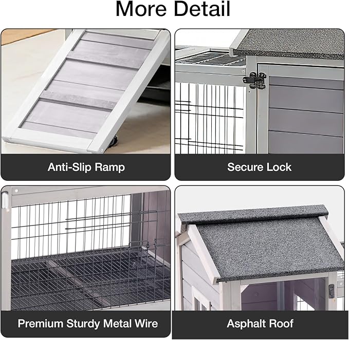 Rabbit Hutch Indoor Outdoor, Large Bunny Cage with Double House and Run, 10.4 ft² Guinea Pig House, Upgrade Deeper No-Leak Trays, On Wheels for Easy Moving