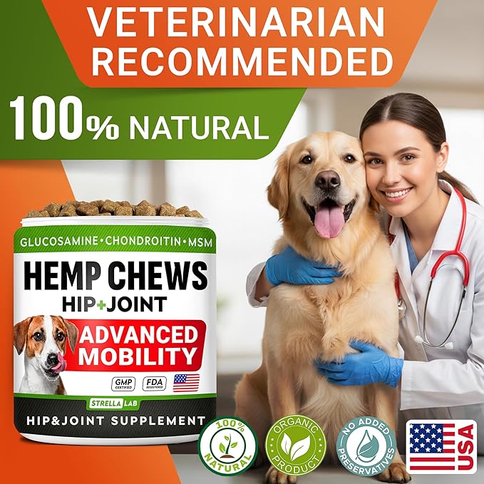 Advanced Hemp + Glucosamine Dog Joint Supplement - Hip Joint Pain Relief - Mobility Chews for Dogs - Chondroitin, MSM, Omega - Made in USA - Lamb Flavor - 120 Hemp Treats