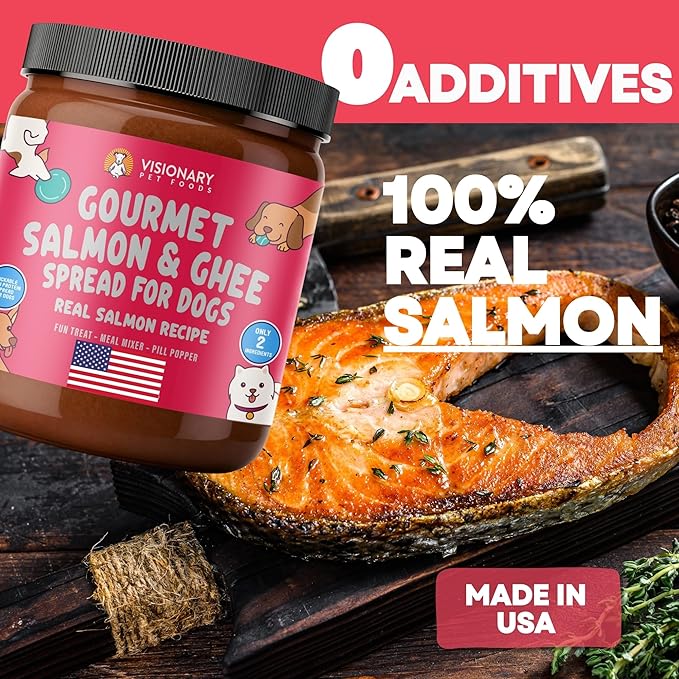 Visionary Pet Foods Salmon Meat Spread - Healthy Dog Treat - Alternative to Dog Peanut Butter, Xylitol Free, No Sugar and Filler Free - Use on Lick Mat, Food Mixer, Pill Pockets - 12oz Jar