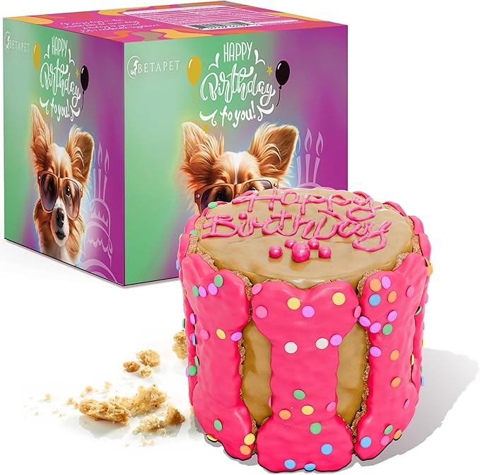 Dog Birthday Cake - Rice Cake Dessert for Dogs, Made with Human Grade Ingredients - Happy Birthday Treat for Puppy (5"x5"x5", Pink)