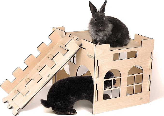 HIIMALEX Extra Large Sturdy Bunny Hideout Wooden Rabbit Castle with Ramp Indoor House Habitat for Rabbits Hamsters Guinea Pigs Ferrets Bunnies