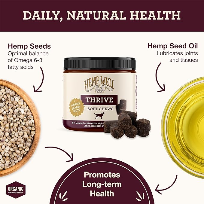 Hemp Well Thrive Soft Chews for Dogs, Organic Hemp Seed Oil Omega Supplement, Supports Skin & Coat, Hip & Joint, Immune Health & Overall Wellness – 60 Count