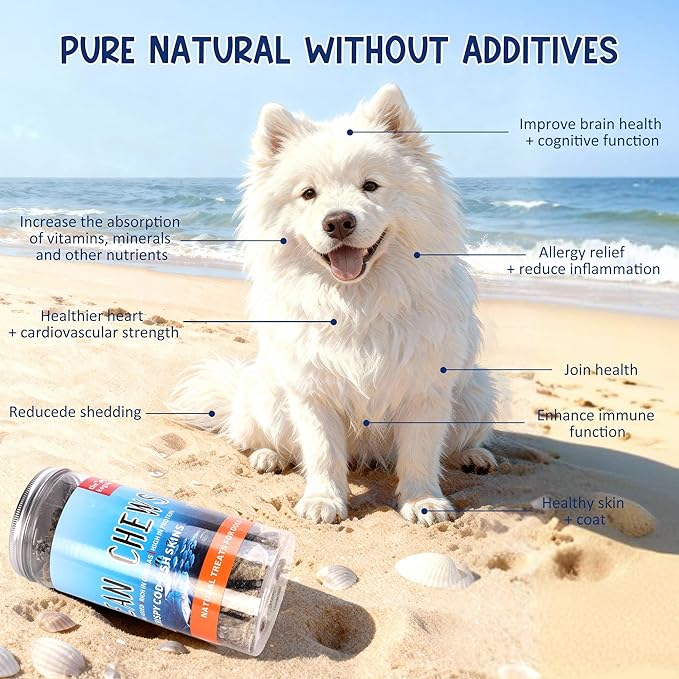 Natural Cod Skins for Dogs - Single Ingredient Dog Treats, Grain Free & Hypoallergenic - Dental Chews for Teeth Cleaning & Fresh Breath - Rich in Omega-3 for Skin & Coat Health (Cigar 5.5 oz)