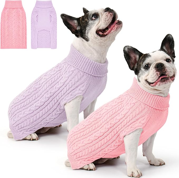 2 Pack Dog Sweaters for Medium Dogs Winter Turtleneck Pullover Cable Knit Fleece Stretch Frenchie Dachshund Pug Corgi Beagle Boy Girl Pet Clothes (M, Pink & Purple)