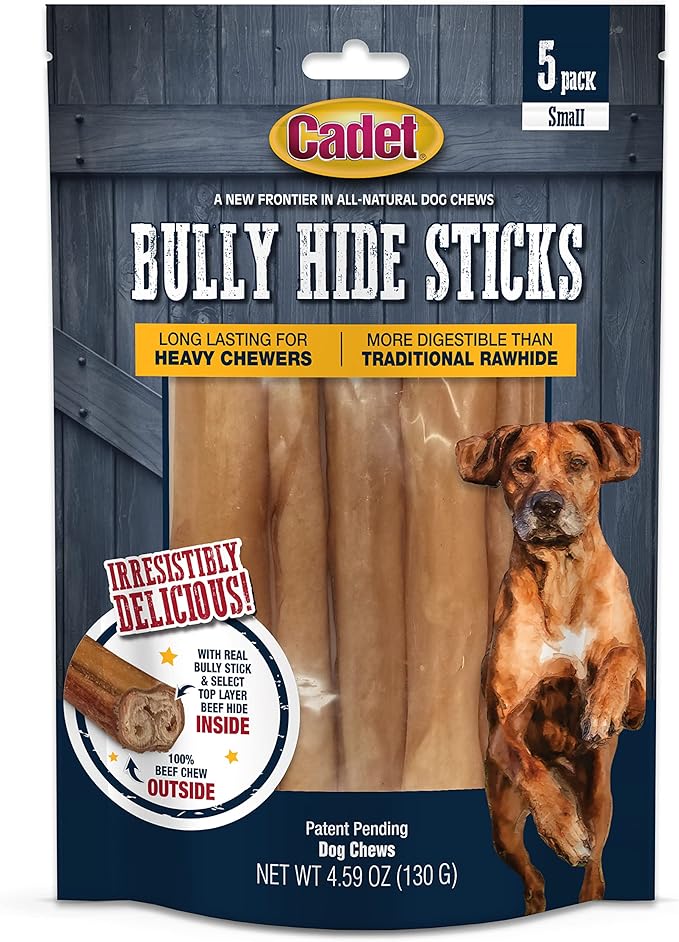 Cadet Bully Hide Sticks for Small Dogs, All-Natural Beef Pizzle, Limited-Ingredient Long-Lasting Dog Chews for Aggressive Chewers, 5 Count