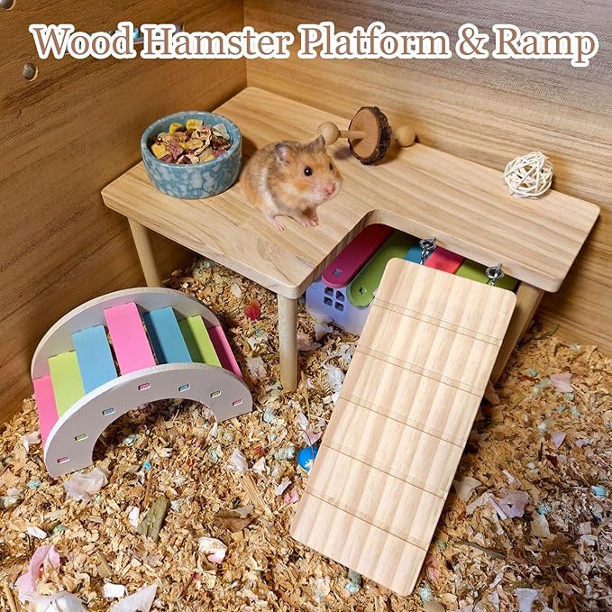 Wooden Hamster Platform with Ladder Rat Climbing Activity Playground Platform Cage Accessories Decor for Dwarf Syrian Hamster Gerbil Rat Mice (Right)