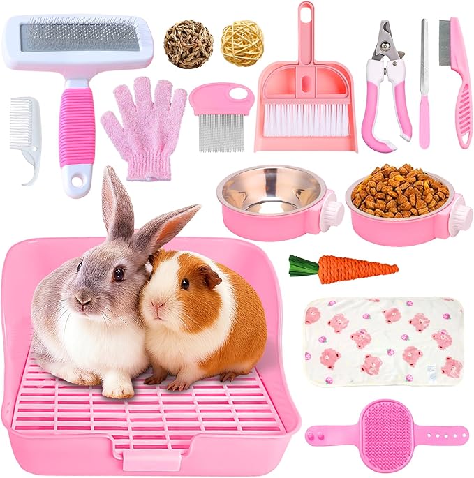 16 Pcs Bunny Grooming Kit,Rabbit Litter Box, Bunny Toys,Blankets with Cleaning Supplies,Pet Toilet Potty with Detachable Hanging Pet Cage Bowl Suitable for Rabbit,Guinea Pig(Pink) (Pink (16PCS))