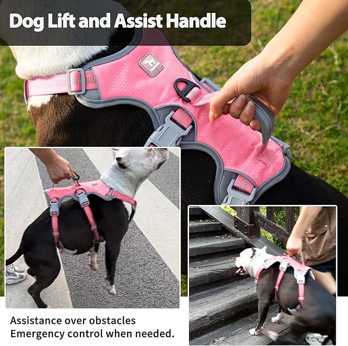 Huntboo Escape Proof Dog Harness, Escape Artist Harness, Reflective Harness with Padded Handle, Breathable, Durable, Adjustable Vest for Medium Dogs Walking, Training, and Running Gear (Pink,M)