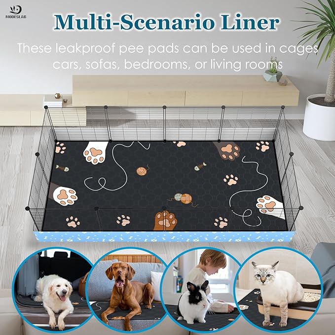 2-Pack Guinea Pig Cage Liner Washable, 28in x 56in Ultra-Absorbent Guinea Pig Bedding for Cage Non-Slip Leak-Proof Pee Pads for Dogs Rabbit Bunny Cat Litter Mat, Black