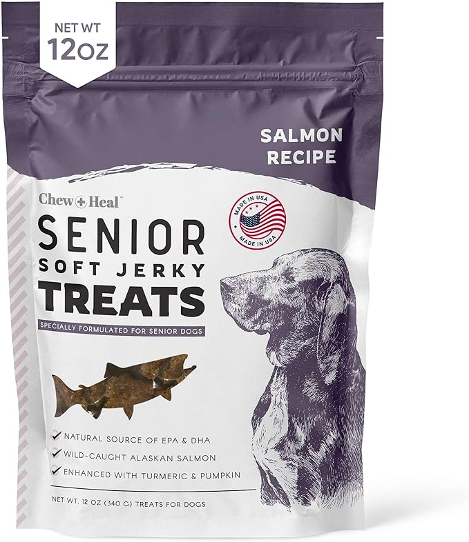 Chew + Heal Labs Seniors Soft Jerky Salmon Dog Treats - 12 oz of Omega Jerky - Dog Joint Supplement with Wild Alaskan Salmon and Turmeric - Made in the USA