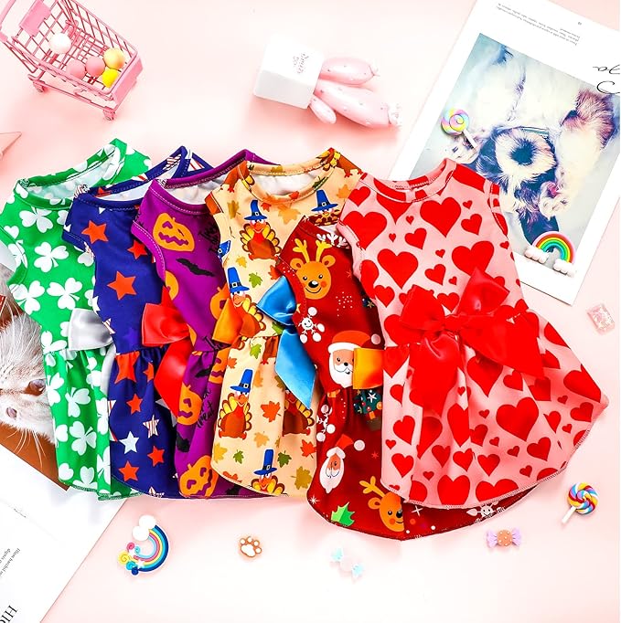 Frienda 6 Pack Valentines Day Dog Costume St. Patrick's Independence Day Christmas Halloween Thanksgiving Dress Bow Puppy Pack Girl Cat Birthday American Flag Dog(M (5-7lbs))
