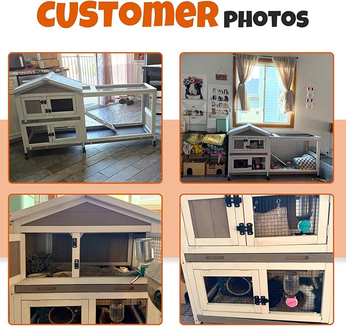 2-Story Rabbit Hutch Outdoor with Wheels, Weatherproof Indoor Bunny Cage with Anti-Chew Metal Frame Ramp, 3 Pull-Out No-Leak Trays, Waterproof Roof, Small Animals Cage