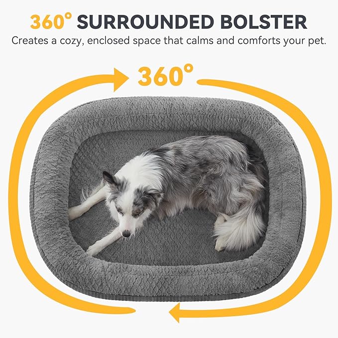 JOEJOY Orthopedic Dog Bed for Extra Large Dogs, Egg-Crate Memory Foam Pet Bed with Bolster Sides, Waterproof Lining, Removable Washable Cover & Non-Slip Bottom, Grey