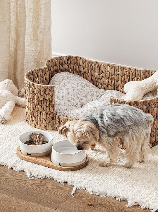 LE TAUCI PET Ceramic Dog and Cat Bowls Set with Acacia Wood Tray - 2 Cup Weighted Non-Slip Food and Water Dishes for Small Dogs & Cats, Pet Bowl Set of 2