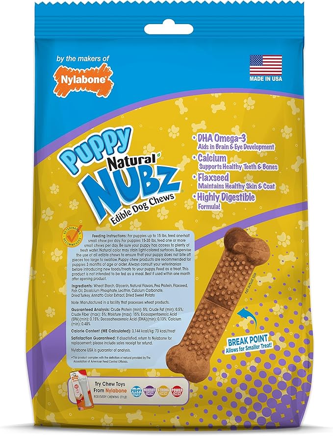 Nylabone Nubz Natural Dog Chew Treats for Puppies, Long Lasting Dog Bones Made in USA, Puppy Training Treats, Turkey & Sweet Potato Flavor, for Puppies Up to 25 lbs. (8 Count)