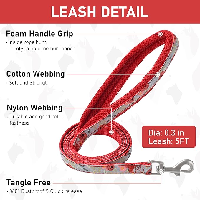 GAMUDA Small Dog Harness Collar and Leash Set, Step in No Chock No Pull Soft Mesh Adjustable Dog Vest Harnesses Plaid Reflective for Dogs Puppy Cats Kitten Rabbit (Red Flower, S)