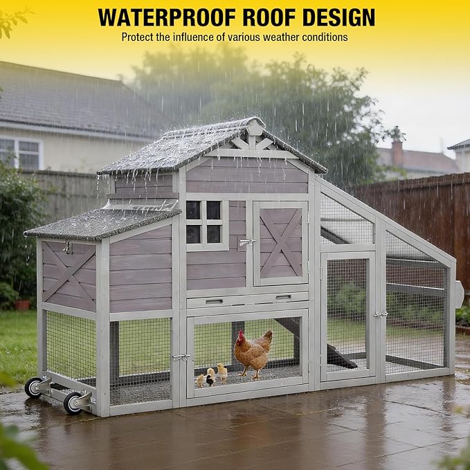 Chicken Coop Outdoor Wooden Poultry Cage with Waterproof Roof, Nesting Box, Pull Out Tray, Mobile Hen House for 2 4 Chickens, Large Chicken Tractor with Wheels (Grey)