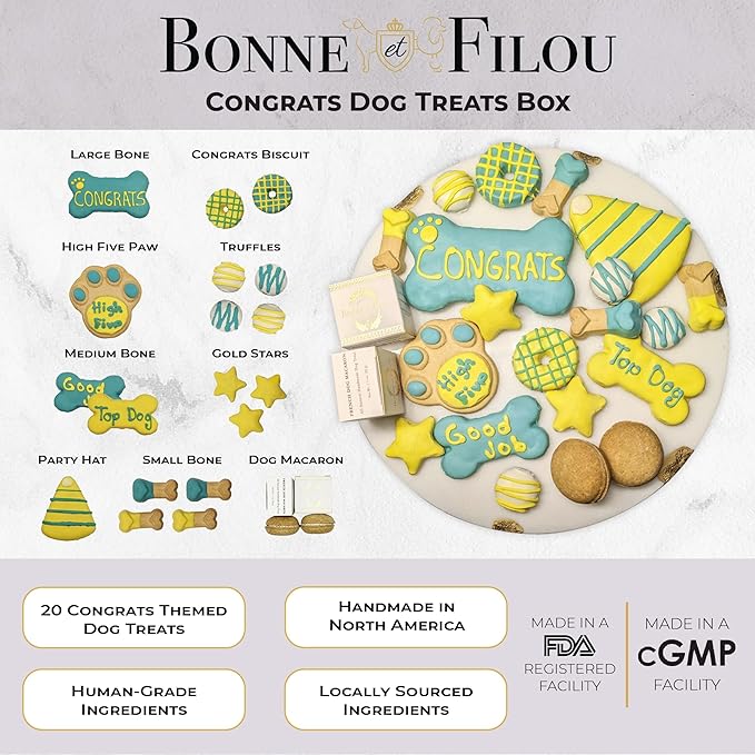 Bonne et Filou Congratulations Dog Treats, Gourmet Gift Box, 20 Luxury Human Grade Macarons, Truffles & Bone Cookies, Healthy Snacks for Medium to Large Dogs