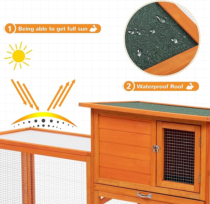 Outdoor Rabbit Hutch, 94" L x 19" W x 31" H Extra Large Bunny Hutch by COZIWOW, Wooden Rabbit Cage Indoor for Small Animals with Removable Tray & Weatherproof Roof, Orange