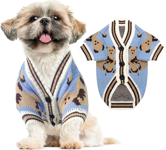 Small Dog Sweaters Cute Bear Dog Cardigans Clothes for Small Medium Dogs Boy Girl Puppy Cat Knitting Cardigan Outfits Dogs Winter Coats Warm Pet Doggy Clothes Soft Knitwear Apparel (Blue,L)