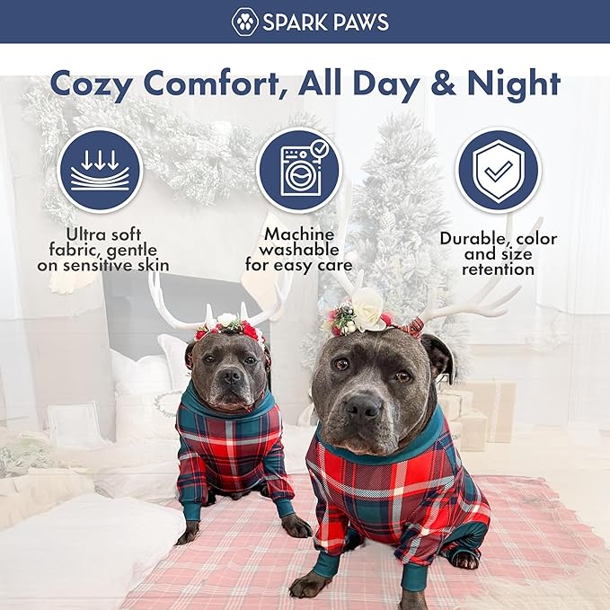 Spark Paws Dog Christmas Pajama, Dog Recovery Suit Male, Onesie, Ultra-Soft and 4-Way Stretch, for Small Medium and Large Breeds - Green and Red Plaid - M