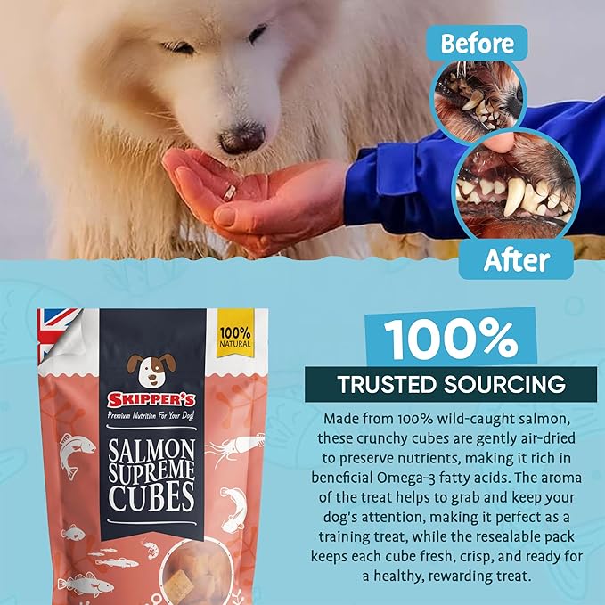 SKIPPER'S Salmon Skin Dog Treats - Gently Air Dried 100% Salmon Skin Treat Good for Cleaning Teeth, Essential Omega 3 Oils, Hypoallergenic (Salmon Supreme Cubes, 250 Grams)