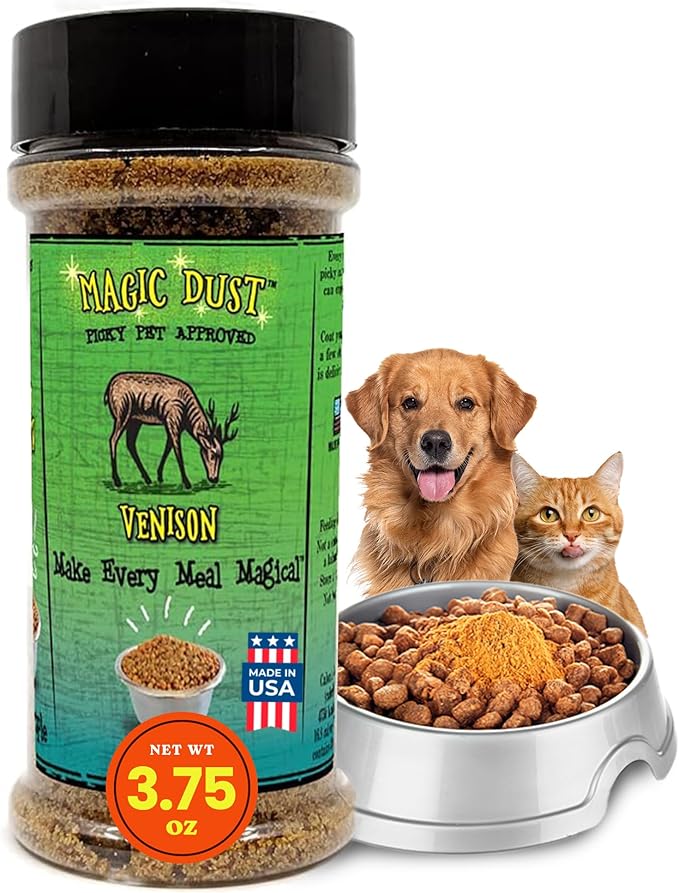 Wild Meadow Farms - Magic Dust Venison Jerky Topper, Single Protein Pet Food Topper for Dogs & Cats, Enhance Flavor & Elevate Mealtime Excitement for Picky Eaters - 3.5 Ounce Bottle in Venison Flavor