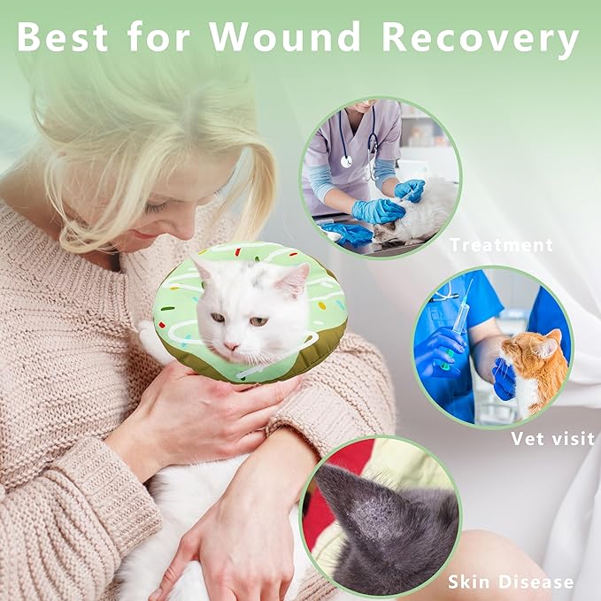Seyezo Cat Cone Collar Soft, Adjustable Cat Recovery Collar Kitten Cones to Stop Licking, Cute Donut E Collar After Surgery, Cats Neck Pillow Cone Elizabethan Cones of Shame (Waterproof Green, Medium)